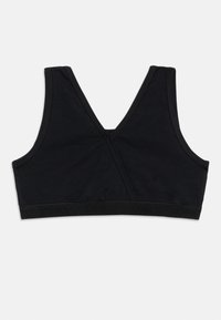 Μαύρο αμάνικο crop top με φαρδιές τιράντες και βαθύ V λαιμόκοψη με διασταύρωση, σε λευκό φόντο.