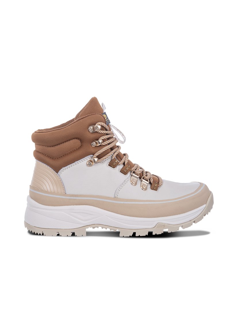 Stivale da trekking alto con una combinazione di colori bianco e marrone chiaro. Presenta pelle resistente, occhielli in metallo e suola in gomma testurizzata per una migliore trazione.