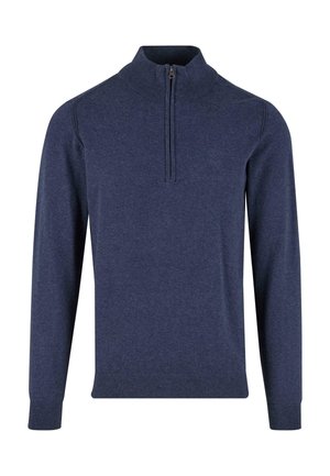 Pull-over long à manches longues pour homme, de couleur bleu marine, avec un col haut et une fermeture à zip quart.