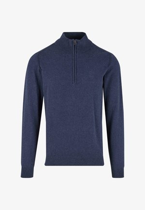 Pull-over long à manches longues pour homme, de couleur bleu marine, avec un col haut et une fermeture à zip quart.