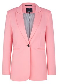 Vaaleanpunainen single-button puku, jossa on leikatut läpät ja raidallinen sisävuori, istuva malli, kaksi etutaskua.