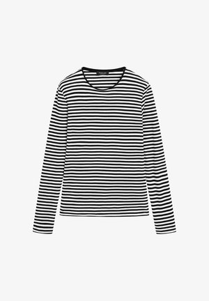 Černobílý pruhovaný dlouhý rukáv s kulatým výstřihem a jednoduchým rovný střihem. Hladká textura látky po celém povrchu.