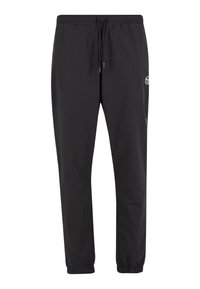 Czarne spodnie dresowe wykonane z lekkiego materiału, z elastycznym paskiem w talii ze sznurkiem, ściągaczami w kostkach oraz małym logo z boku.
