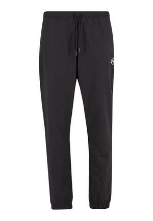 Czarne spodnie dresowe wykonane z lekkiego materiału, z elastycznym paskiem w talii ze sznurkiem, ściągaczami w kostkach oraz małym logo z boku.