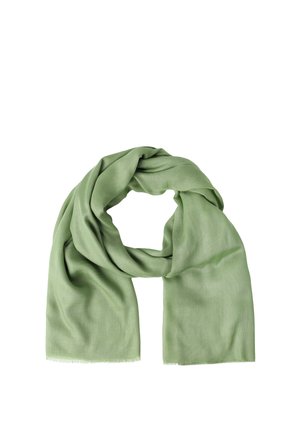 Svetlozelený textilný šál voľne poskladaný s mäkkou textúrou a jednoduchým dizajnom, zobrazený na bielom pozadí.