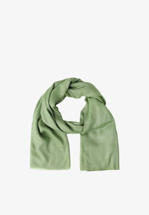 Écharpe en tissu vert clair, pliée lâchement avec une texture douce et un design simple, présentée sur fond blanc.