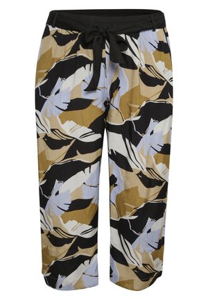 Virágmintás, bővülő fazonú nadrág fekete húzózsinóros derékrésszel, bézs, világoskék, fekete és olívazöld színekben.