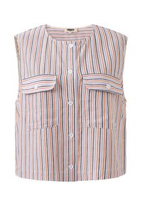 Mouwloze blouse met knopen in multicolor verticale strepen van oranje, blauw en wit, met twee voorzakken en een ronde halslijn.