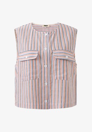 Mouwloze blouse met knopen in multicolor verticale strepen van oranje, blauw en wit, met twee voorzakken en een ronde halslijn.