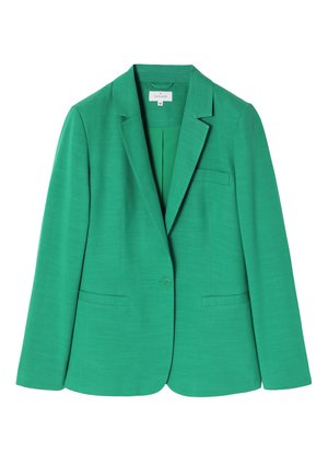 Zelený blazer vyrobený z hladkého materiálu, s jedním knoflíkem, klopovými límci a dvěma předními kapsami. Jednoduchý a strukturovaný design.