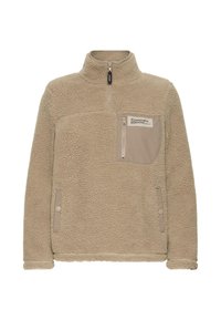 Pull-over en laine polaire beige avec col haut, poche poitrine zippée, deux poches latérales et tissu texturé. Présente des détails de panneaux contrastants.
