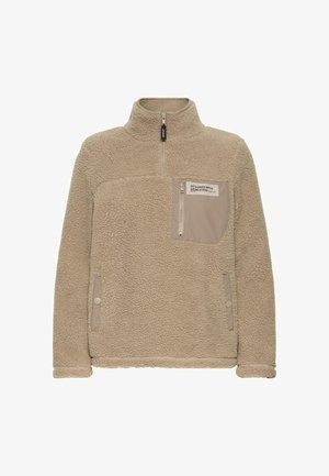 Beige fleece genser med høy krage, glidelås i brystlomma, to sidelommer og strukturert stoff. Har kontrasterende paneldetaljer.