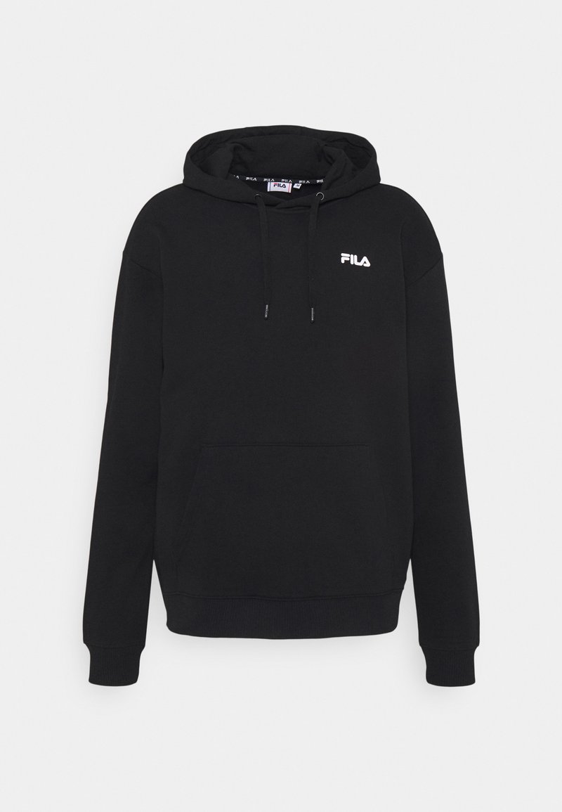 Felpa nera realizzata in tessuto misto cotone. Presenta una tasca a marsupio, cappuccio con lacci e logo FILA bianco sul lato sinistro del petto.