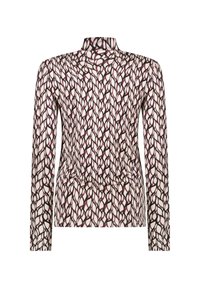 Langsleeve top met een hoge halslijn, voorzien van een kastanjebruin en crème bladerenpatroon op rekbare stof, met een gladde textuur en een fitted ontwerp.