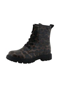 Stivaletti alla caviglia in stampa leopardo con finitura lucida, lacci neri e una suola in gomma robusta. Presentano occhielli rinforzati e una linguetta sul retro.