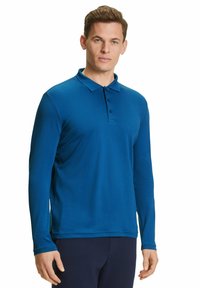 Langarm-Polohemd in lebhaftem Blau, aus glattem Stoff hergestellt. Verfügt über einen klassischen Kragen und eine Drei-Knopf-Leiste, mit einer lässigen Passform.