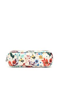 Floral pencil case featuring a cream background with multi-colored plant and flower patterns, zip closure, and rounded design.