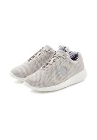 Light gray mesh sneakers with a round emblem, lace-up design, and white rubber sole. Interior features a patterned lining.