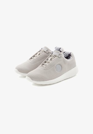 Light gray mesh sneakers with a round emblem, lace-up design, and white rubber sole. Interior features a patterned lining.