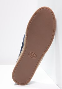 Marine sneaker met een gestructureerde bruine rubberen zool en een geweven jute accent rond de middenzool. Heeft UGG-branding op de zool.