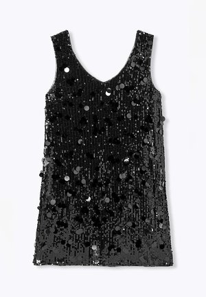 Haut noir sans manches avec un décolleté en V, orné de sequins et de franges pour la texture, présentant une silhouette ajustée.