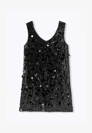 Haut noir sans manches avec un décolleté en V, orné de sequins et de franges pour la texture, présentant une silhouette ajustée.