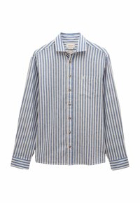 Gari ilgām piedurknēm, balta un zila svītraina, ar krūšu kabatu un brūniem pogām. Izgatavota no teksturēta auduma.