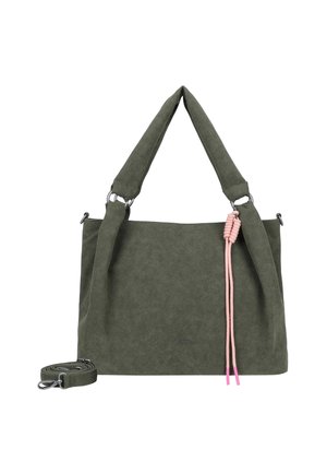 Green suede tote bag with a soft texture, featuring a detachable strap and pink accents. Designed with two sturdy handles and a zipper closure.