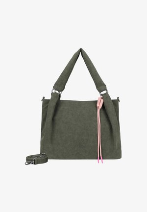 Sac fourre-tout en daim vert au toucher doux, avec une sangle amovible et des accents roses. Conçu avec deux poignées solides et une fermeture éclair.