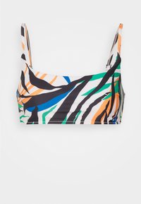 Top de biquíni com um padrão abstrato multicolorido em preto, laranja, verde e azul. Feito de tecido liso e elástico; apresenta alças largas.