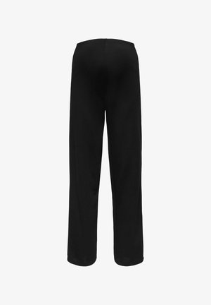 Pantaloni neri a gamba larga con una texture liscia e una vita elastica. Senza tasche o cuciture visibili sul retro. Orlo piatto nella parte inferiore.