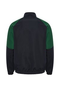 Black jacket with dark green shoulder and upper sleeve panels, elastic cuffs, and waistband, shown from the back.