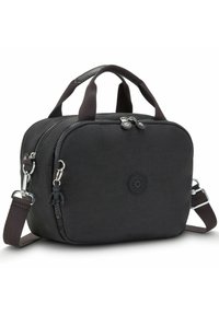 Black synthetic bag with dual zip closure, short handles, adjustable shoulder strap, and a small charm attached. Smooth texture and rounded shape.