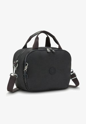 Sac synthétique noir avec fermeture à double zip, poignées courtes, bandoulière ajustable et un petit charm accroché. Texture lisse et forme arrondie.