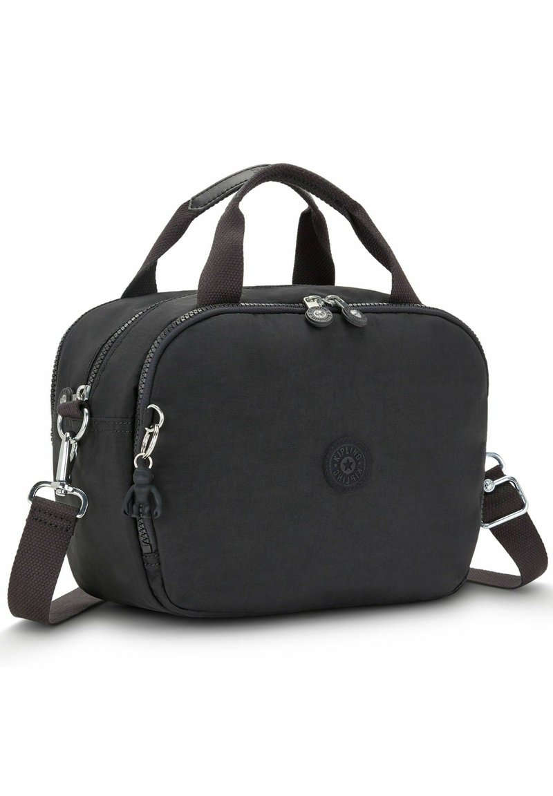 Black synthetic bag with dual zip closure, short handles, adjustable shoulder strap, and a small charm attached. Smooth texture and rounded shape.