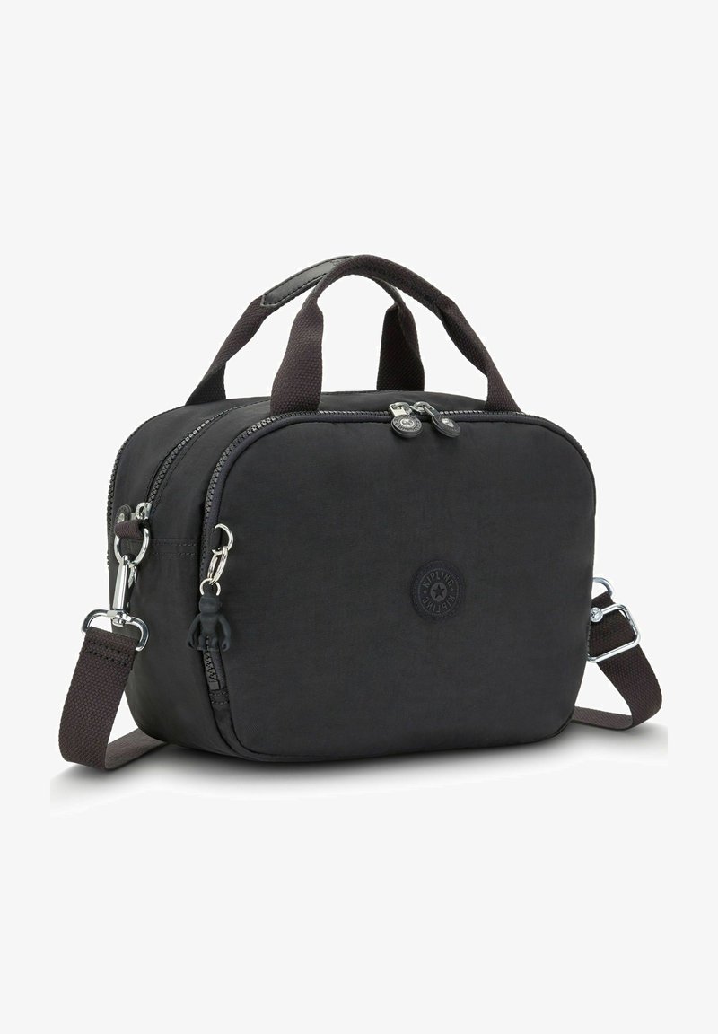 Black synthetic bag with dual zip closure, short handles, adjustable shoulder strap, and a small charm attached. Smooth texture and rounded shape.