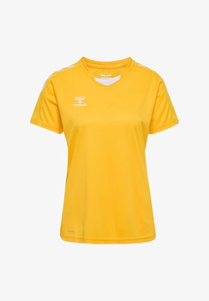 Gul sportsjersey med V-hals, korte ærmer og hvide detaljer på skuldrene. Lavet af letvægts, åndbart stof.