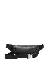 Sort læderbæltetaske med en glat tekstur. Har en sølvspænde og justerbar rem, designet til komfort og funktionalitet.