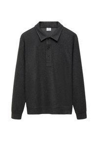 Polo a maniche lunghe grigio scuro realizzato in tessuto morbido, con colletto, patta con tre bottoni e polsini e orlo a coste.