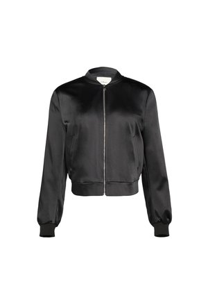 Schwarze Satin-Bomberjacke mit einem Frontreißverschluss, gerippten Bündchen und einem runden Ausschnitt. Glatte Textur und taillierte Passform, ideal zum Schichten.