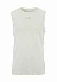 Witte mouwloze sportshirt met ronde hals en het "CRAFT" logo gecentreerd onder de halslijn aan de voorkant.