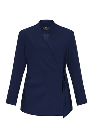 Marineblå langærmet omslagsjakke med båndlukning i siden og en let V-halskrave, skræddersyet pasform.