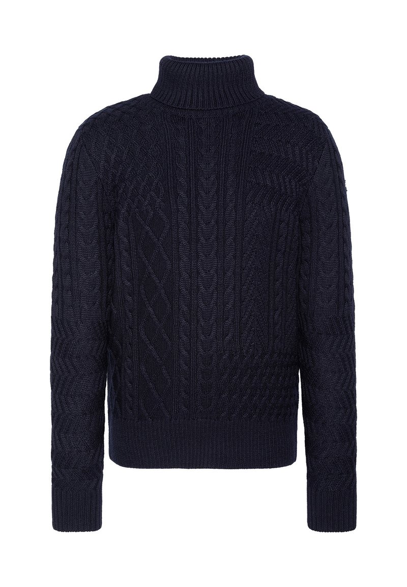 Maglione di colore blu navy a maglia con collo alto, caratterizzato da intricatati motivi a treccia e polsini e orlo a coste per texture e stile.