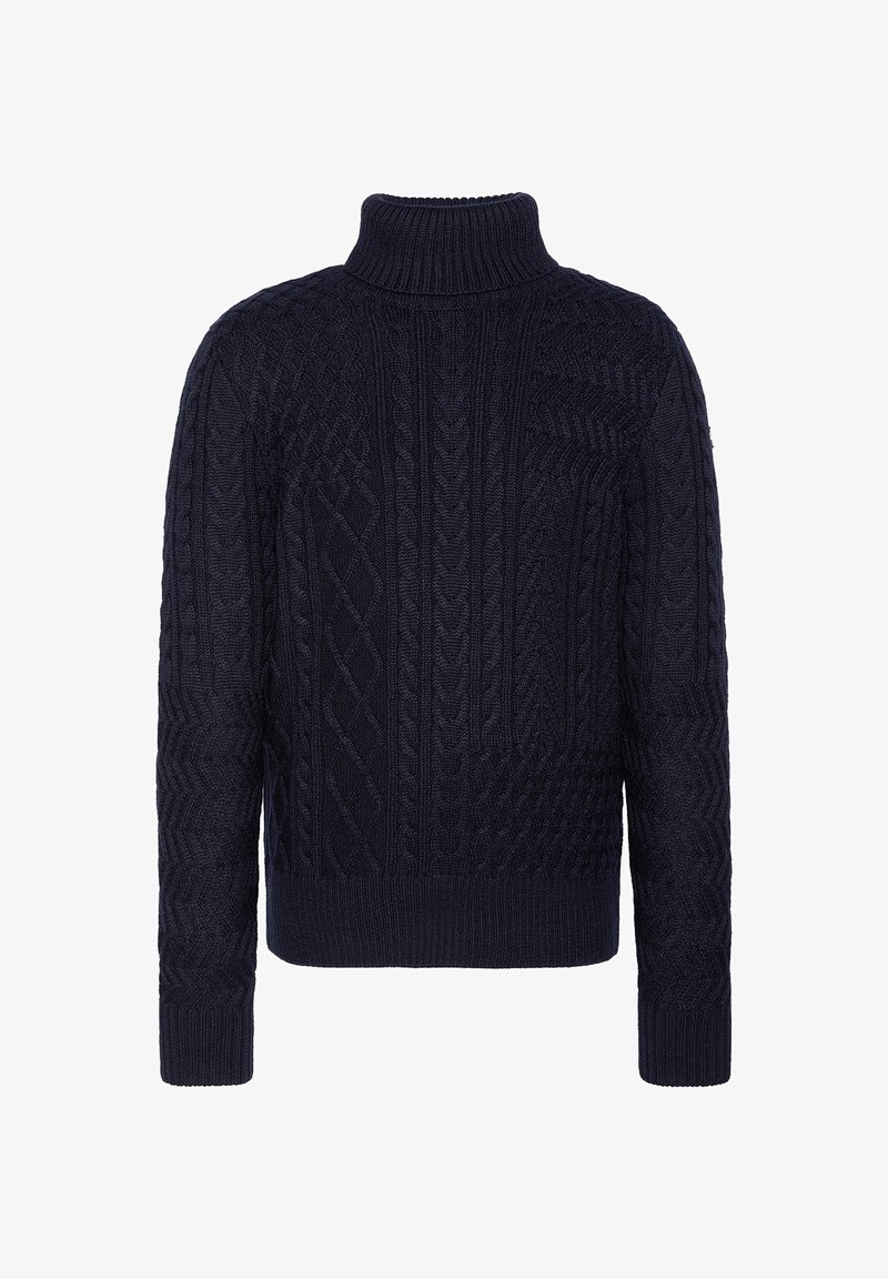 Maglione di colore blu navy a maglia con collo alto, caratterizzato da intricatati motivi a treccia e polsini e orlo a coste per texture e stile.