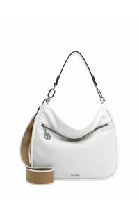 Borsa hobo bianca con texture perforata, zip argentata e tracolla beige removibile. Presenta un ciondolo circolare con logo e foderatura in morbido tessuto.