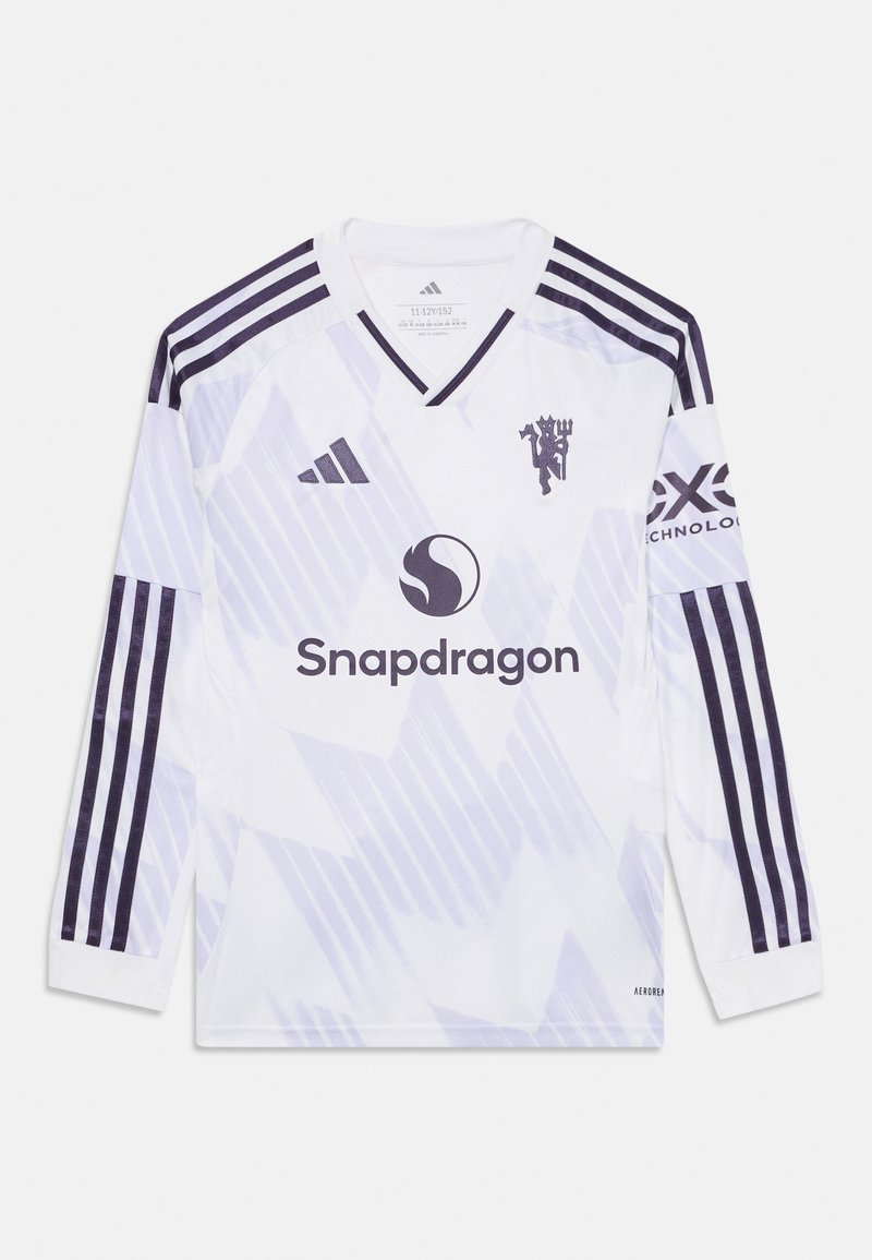 Camisola de futebol de manga longa branca com toques de roxo, apresentando um decote em V, ombros listrados e um padrão geométrico. Os logótipos incluem Snapdragon e Adidas.