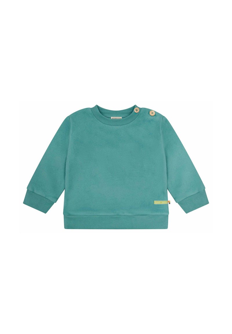 Turquoise sweatshirt gemaakt van zachte stof, met een ronde hals, lange mouwen en twee houten knopen op de schouder. Verfraaid met een label.