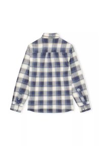 Koszula w kratę z długim rękawem w kolorze granatowym, białym i jasnoniebieskim. Posiada kołnierz zapinany na guziki, pojedynczy zakładkę na plecach oraz mankiety zapinane na guziki. Wykonana z mieszanki bawełny.