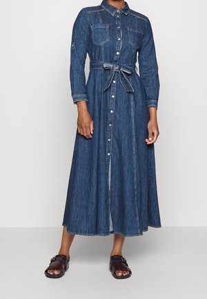 Denim jurk met knopen, lange mouwen, twee borstzakken, een tailleband en een vloeiende rok, in een donkerblauwe kleur.