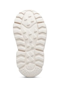 Sole di scarpa in gomma bianca con profondi motivi di battistrada a triangolo e zigzag, taglia numero 19 visibile nell'area del tallone.